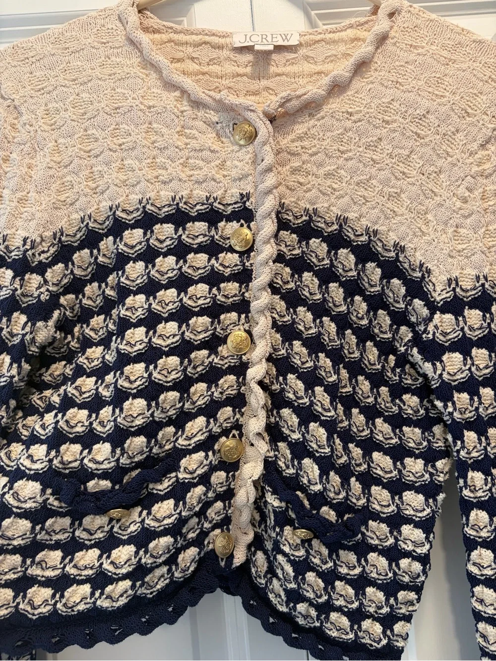 J. Crew Cream and Navy Textured Cardigan